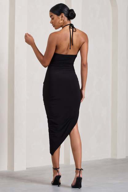 Power Sweep Black Gathered Halter-Neck Midi Dress-Fashionmomo.All Rights Reserved