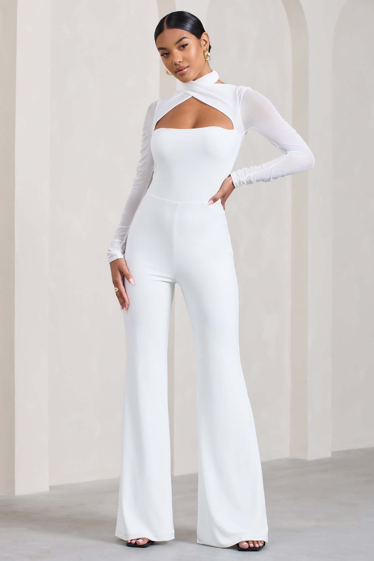 Fallon White Flared-Leg Jumpsuit With Long Mesh Sleeves-Fashionmomo.All Rights Reserved