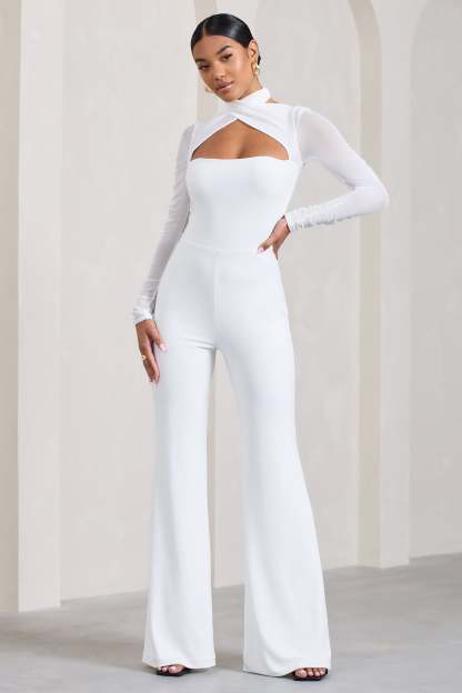 Fallon White Flared-Leg Jumpsuit With Long Mesh Sleeves-Fashionmomo.All Rights Reserved