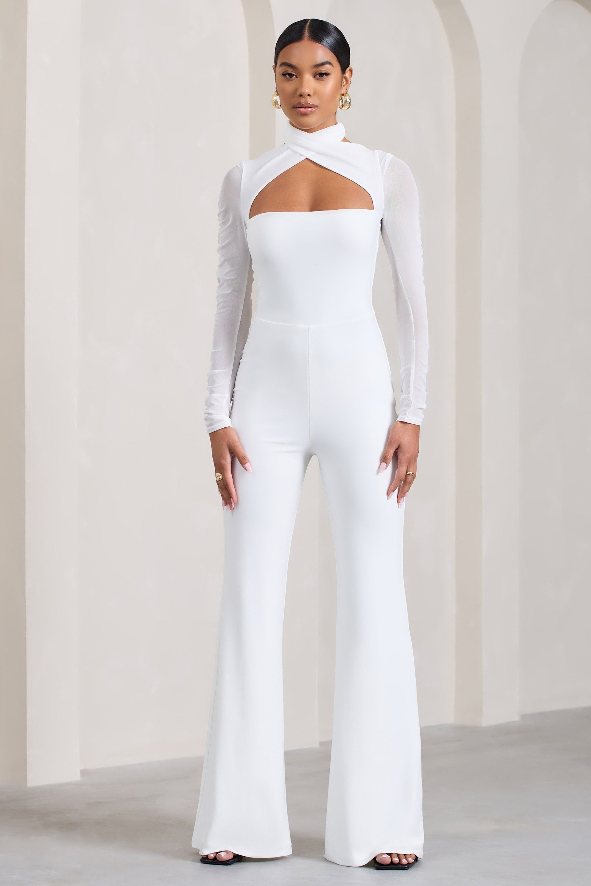 Fallon White Flared-Leg Jumpsuit With Long Mesh Sleeves-Fashionmomo.All Rights Reserved
