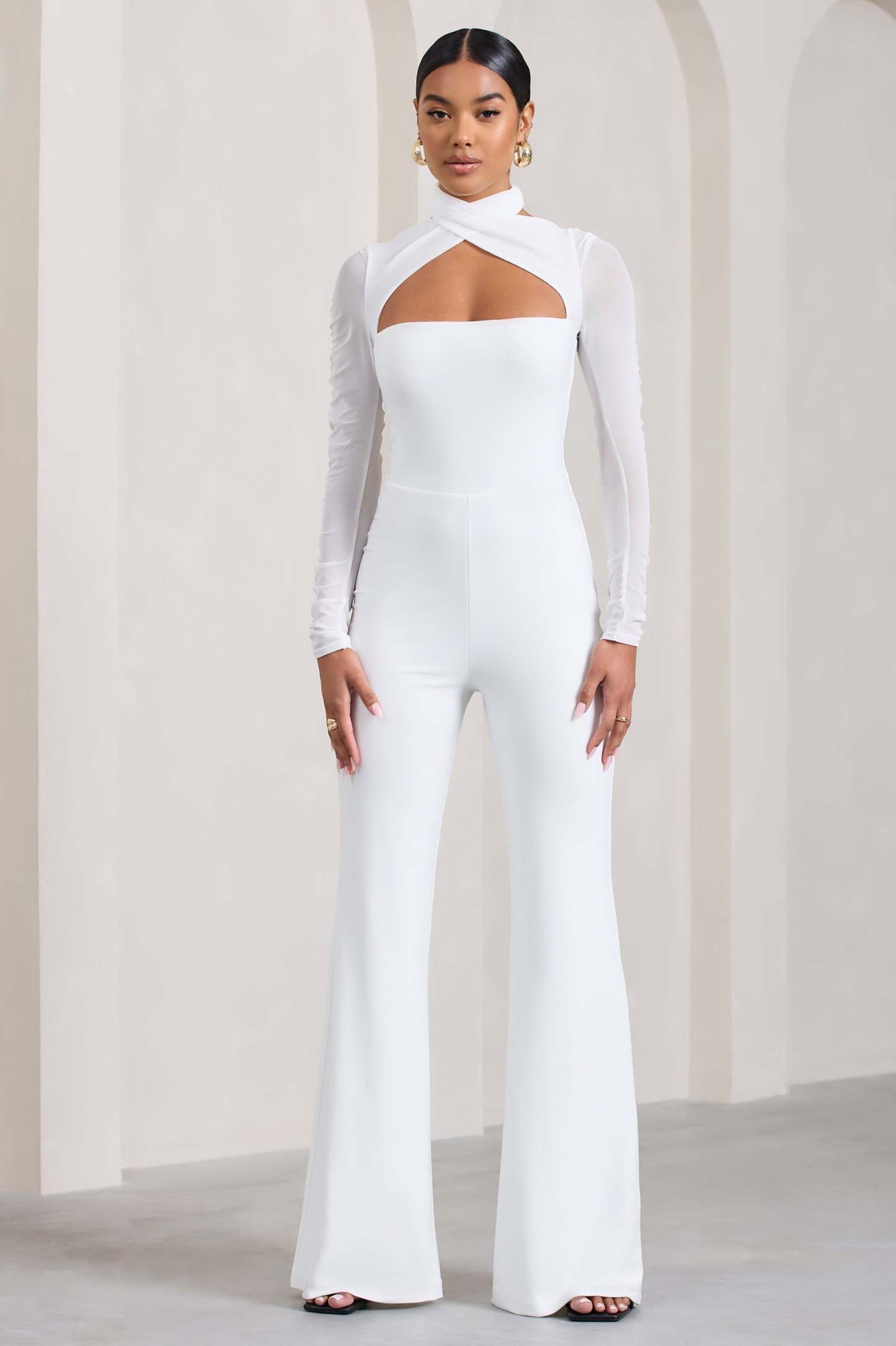 Fallon White Flared-Leg Jumpsuit With Long Mesh Sleeves-Fashionmomo.All Rights Reserved