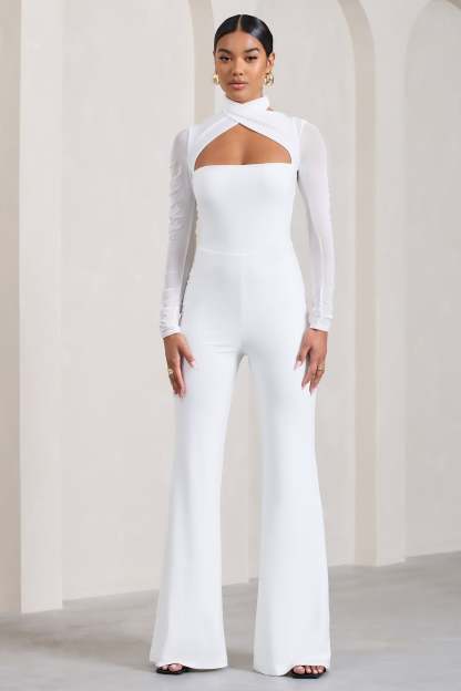 Fallon White Flared-Leg Jumpsuit With Long Mesh Sleeves-Fashionmomo.All Rights Reserved