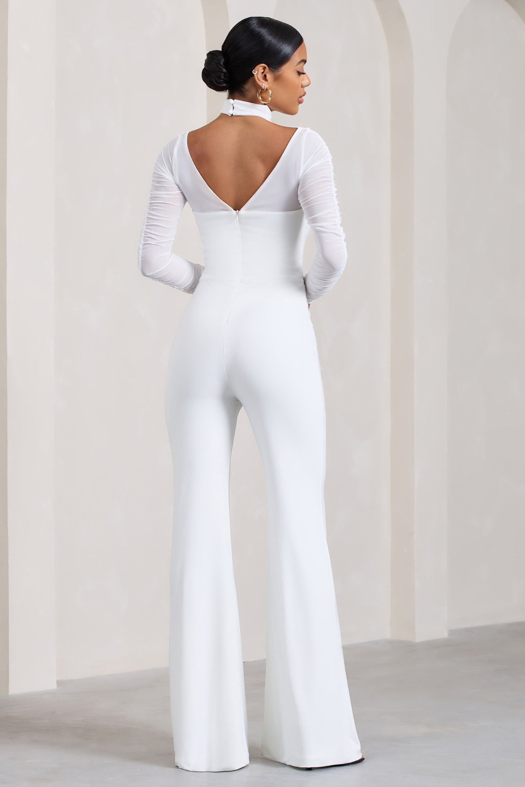 Fallon White Flared-Leg Jumpsuit With Long Mesh Sleeves-Fashionmomo.All Rights Reserved