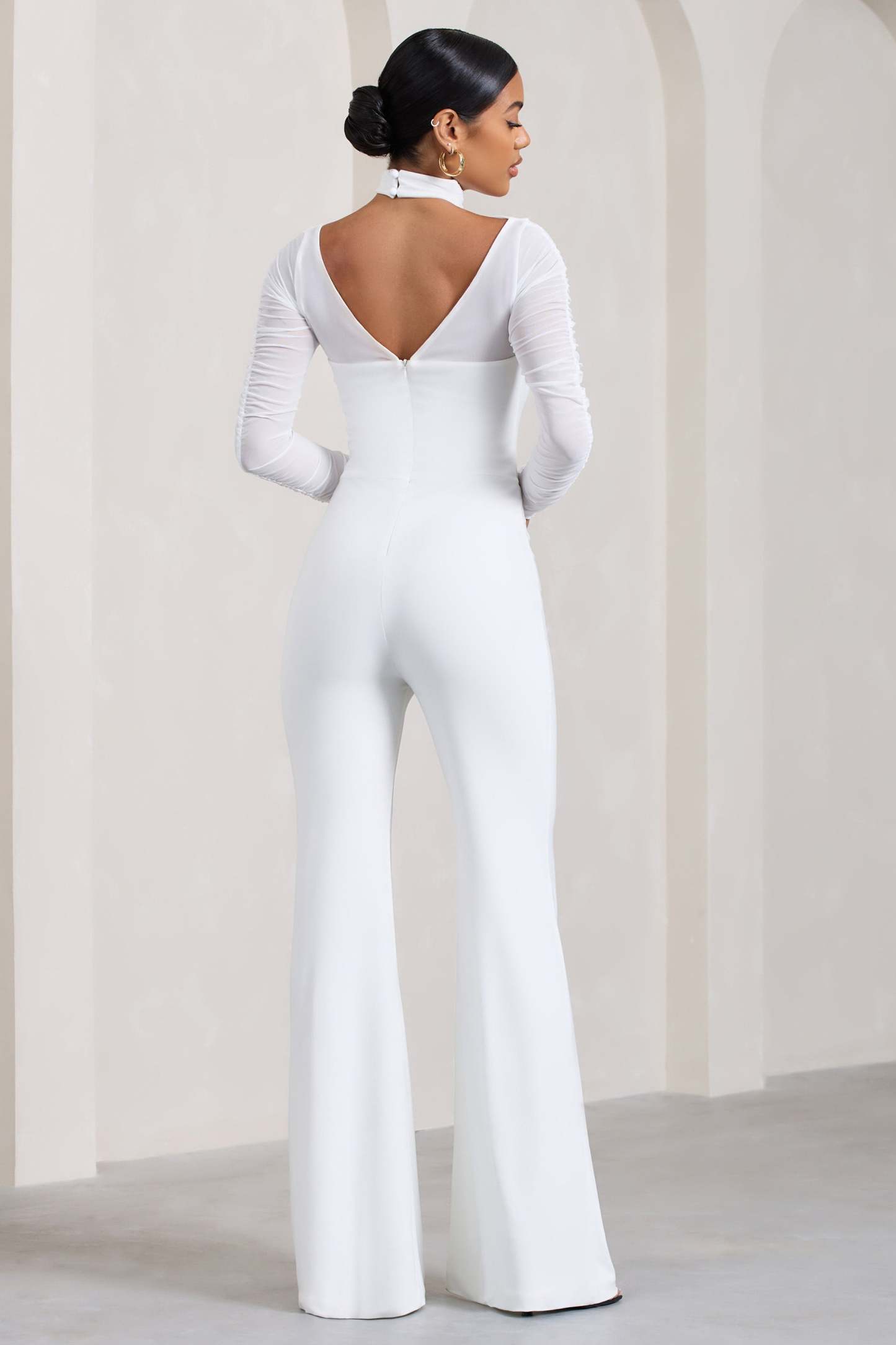 Fallon White Flared-Leg Jumpsuit With Long Mesh Sleeves-Fashionmomo.All Rights Reserved