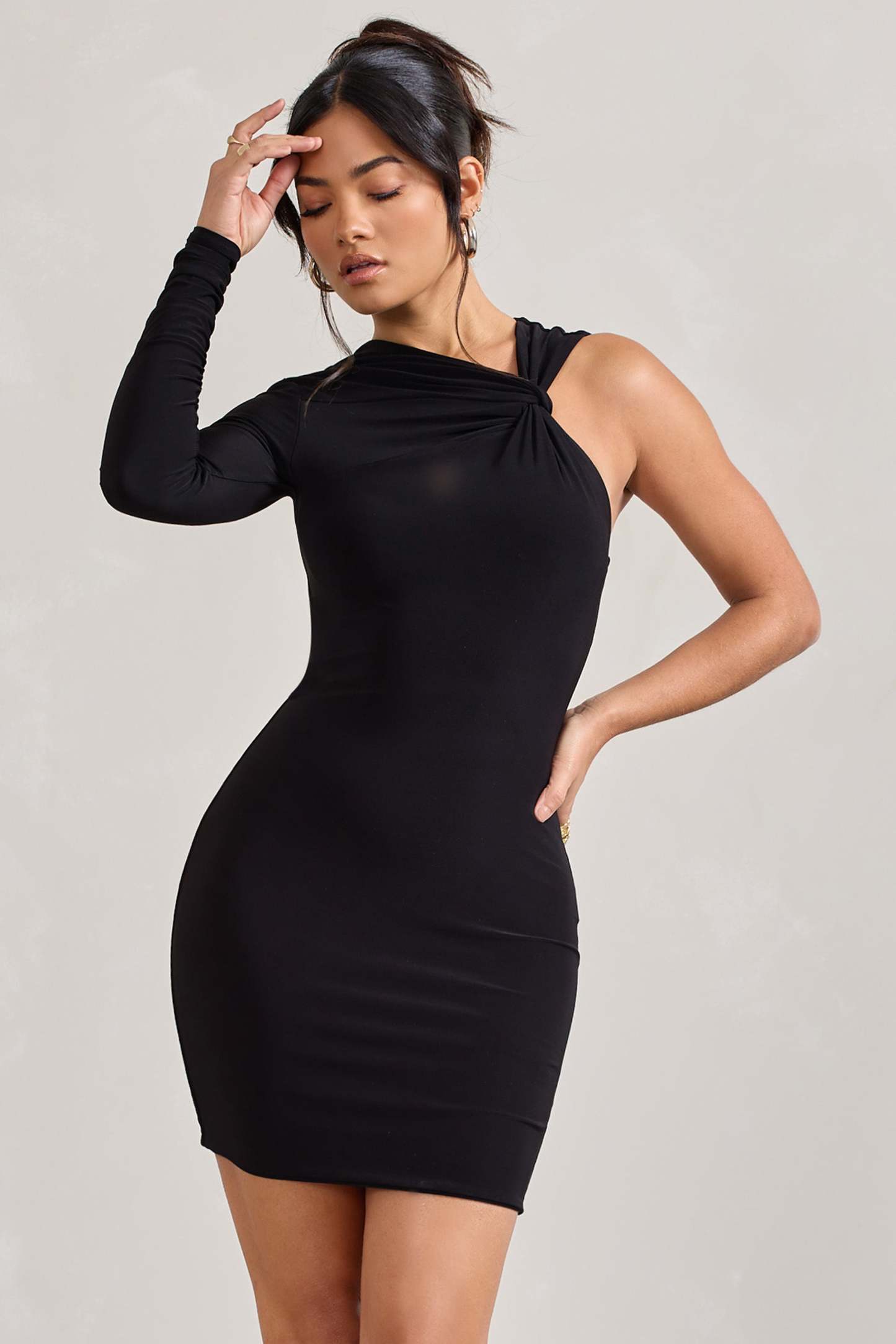 Fusion Black Asymmetric Twisted Bodycon Mini Dress-Fashionmomo.All Rights Reserved