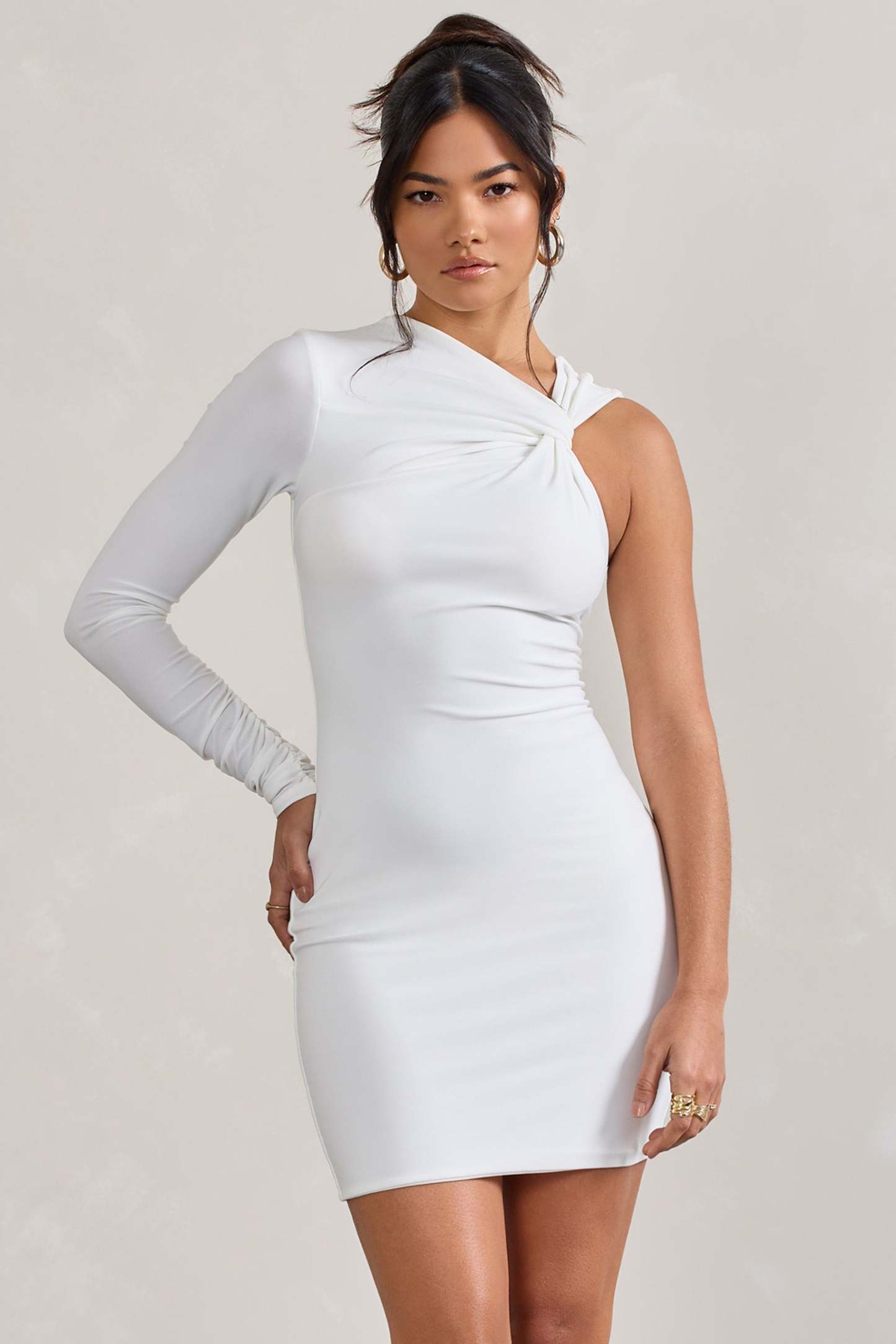 Fusion White Asymmetric Twisted Bodycon Mini Dress-Fashionmomo.All Rights Reserved