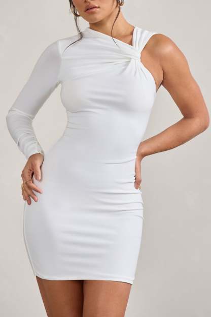 Fusion White Asymmetric Twisted Bodycon Mini Dress-Fashionmomo.All Rights Reserved