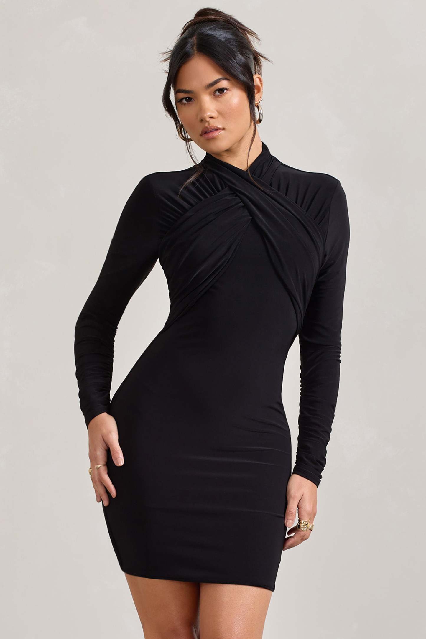 Eve Black Crossed-Neck Long-Sleeved Bodycon Mini Dress-Fashionmomo.All Rights Reserved