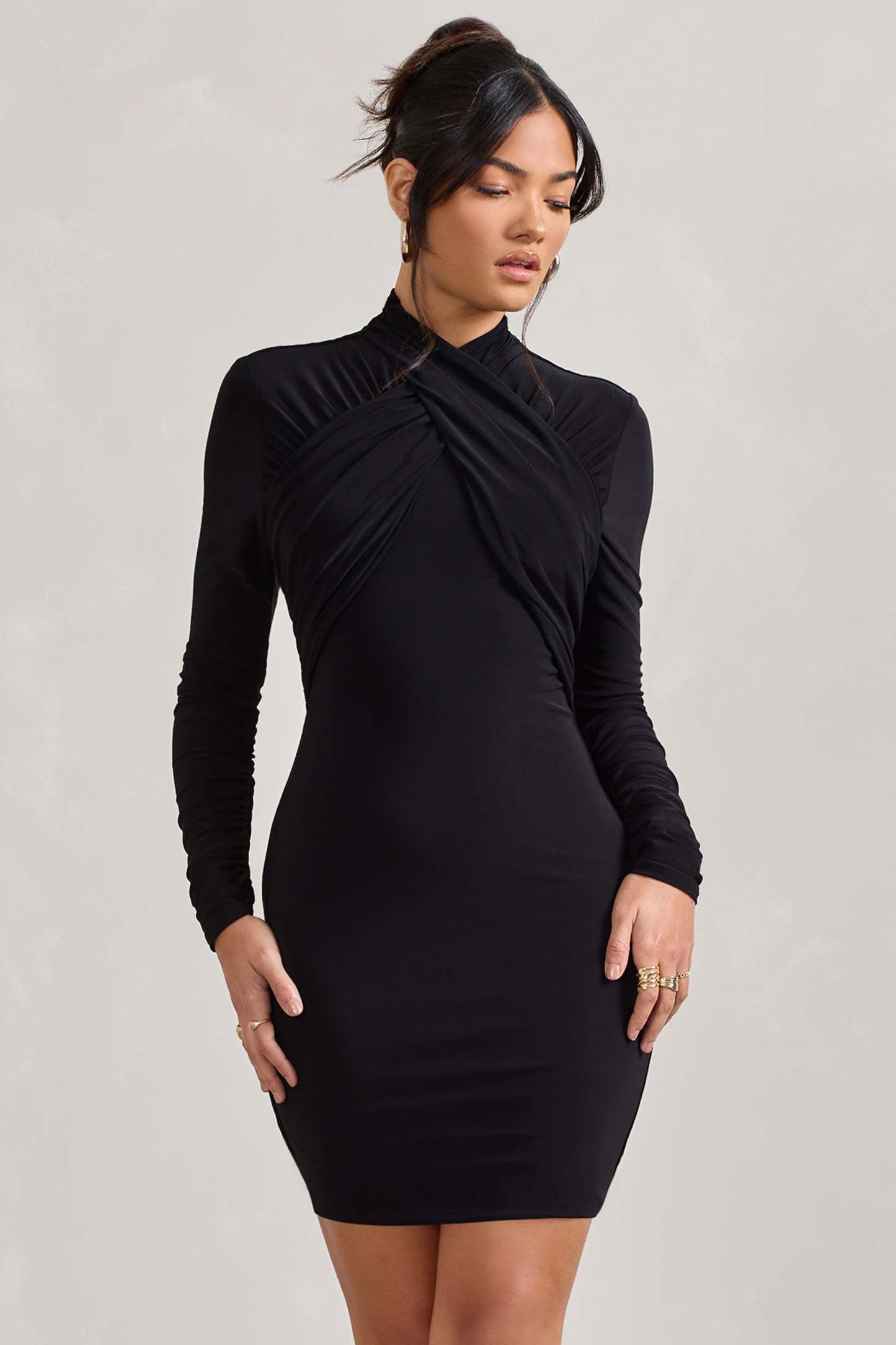 Eve Black Crossed-Neck Long-Sleeved Bodycon Mini Dress-Fashionmomo.All Rights Reserved