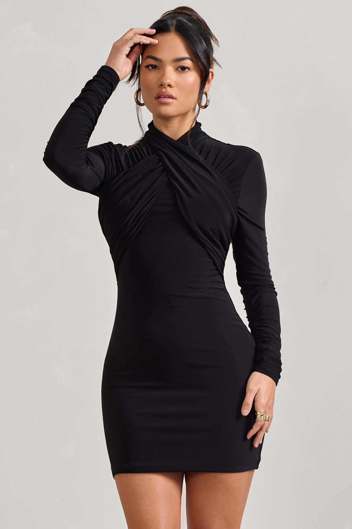 Eve Black Crossed-Neck Long-Sleeved Bodycon Mini Dress-Fashionmomo.All Rights Reserved