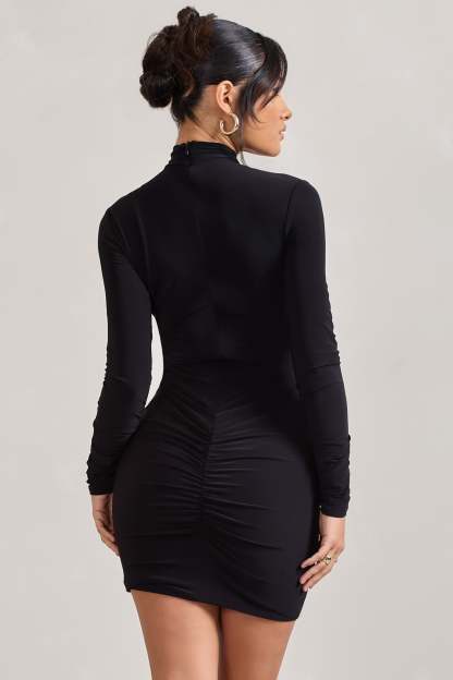 Eve Black Crossed-Neck Long-Sleeved Bodycon Mini Dress-Fashionmomo.All Rights Reserved