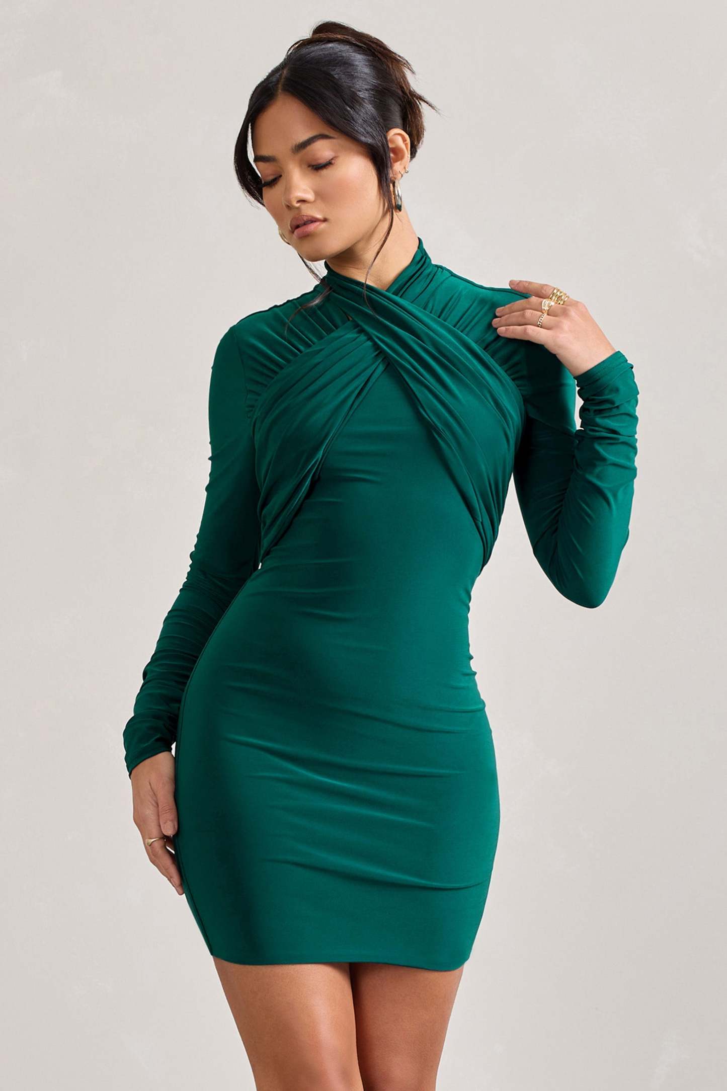 Eve Bottle Green Crossed-Neck Long-Sleeved Bodycon Mini Dress-Fashionmomo.All Rights Reserved