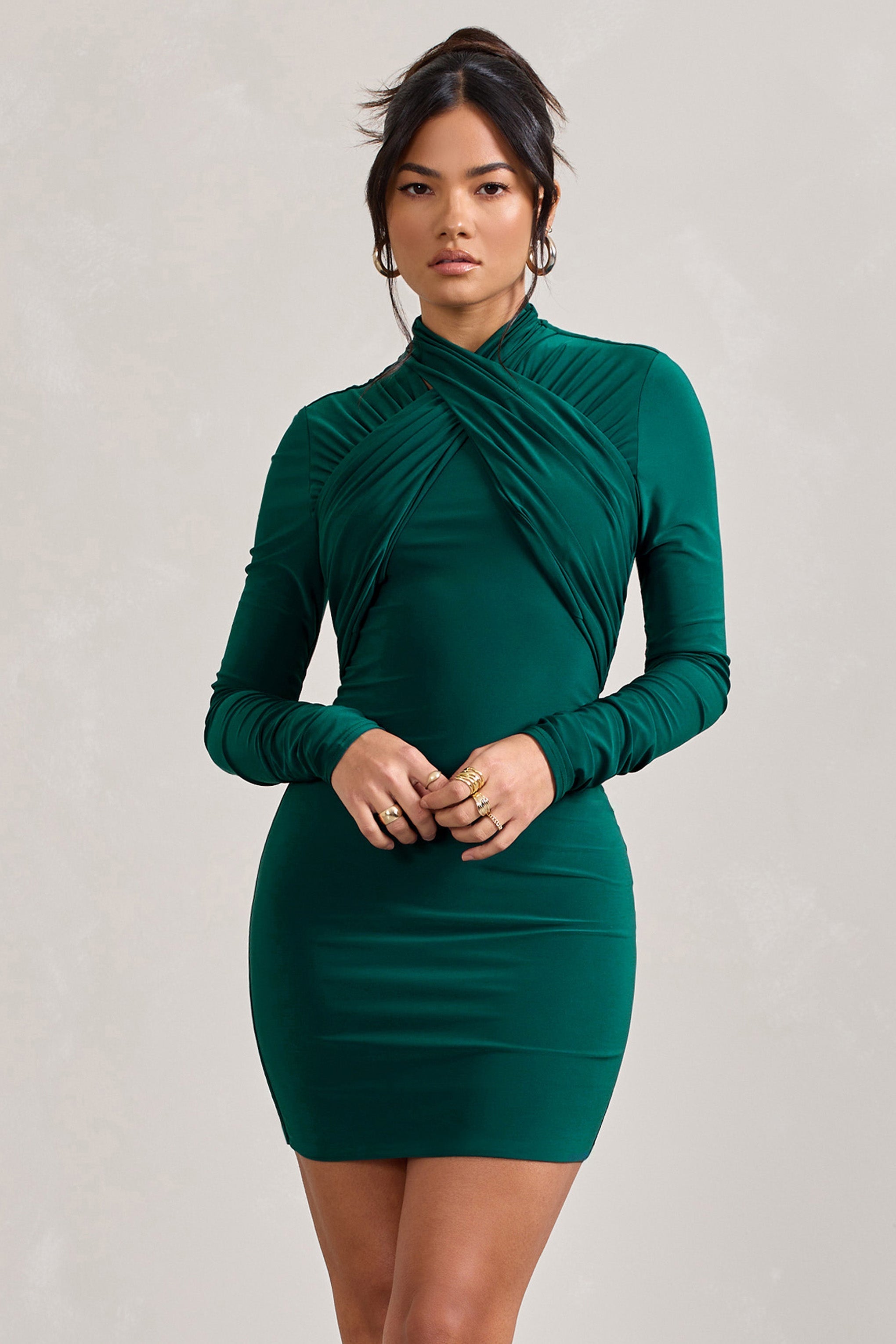 Eve Bottle Green Crossed-Neck Long-Sleeved Bodycon Mini Dress-Fashionmomo.All Rights Reserved