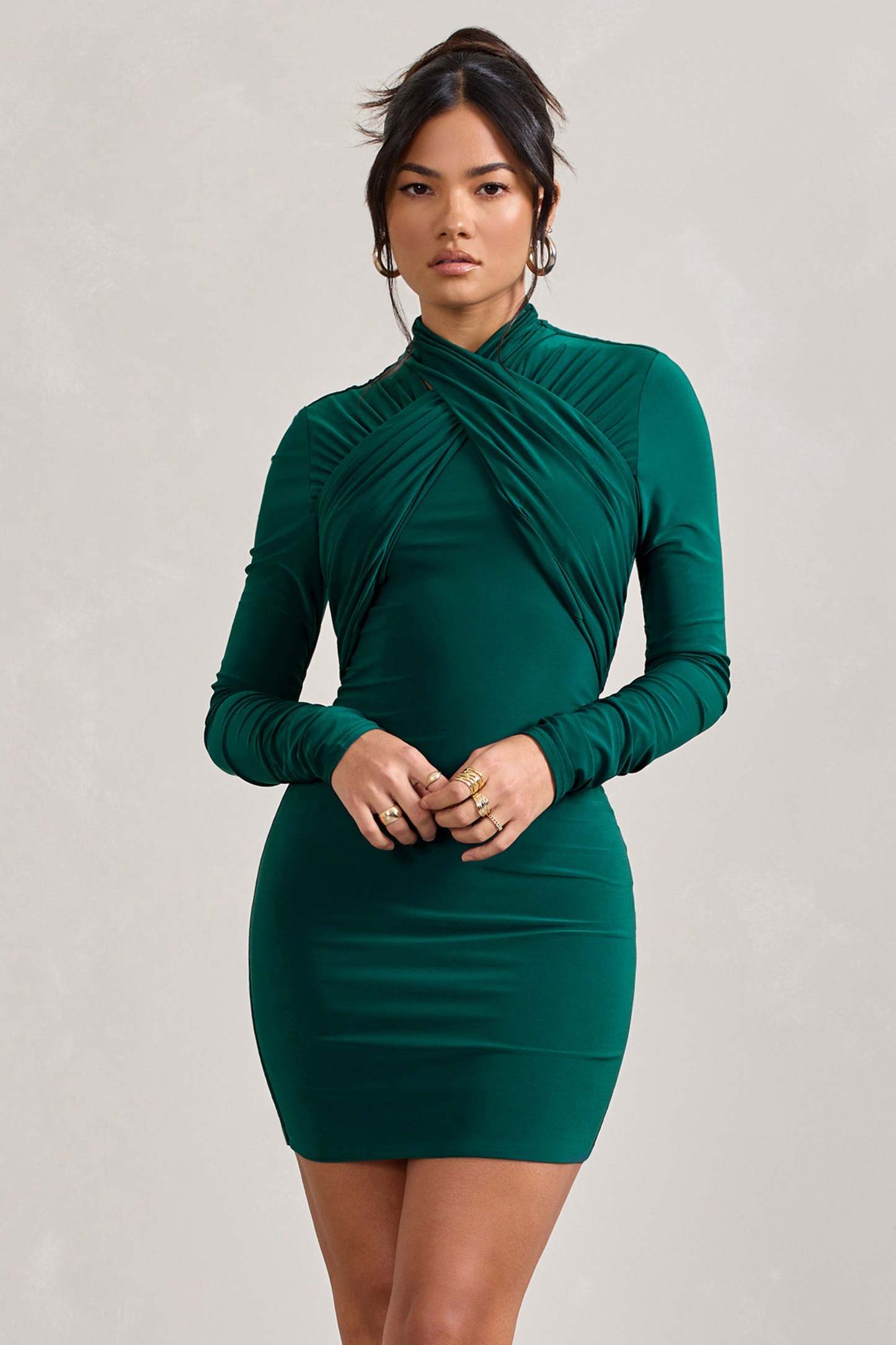 Eve Bottle Green Crossed-Neck Long-Sleeved Bodycon Mini Dress-Fashionmomo.All Rights Reserved