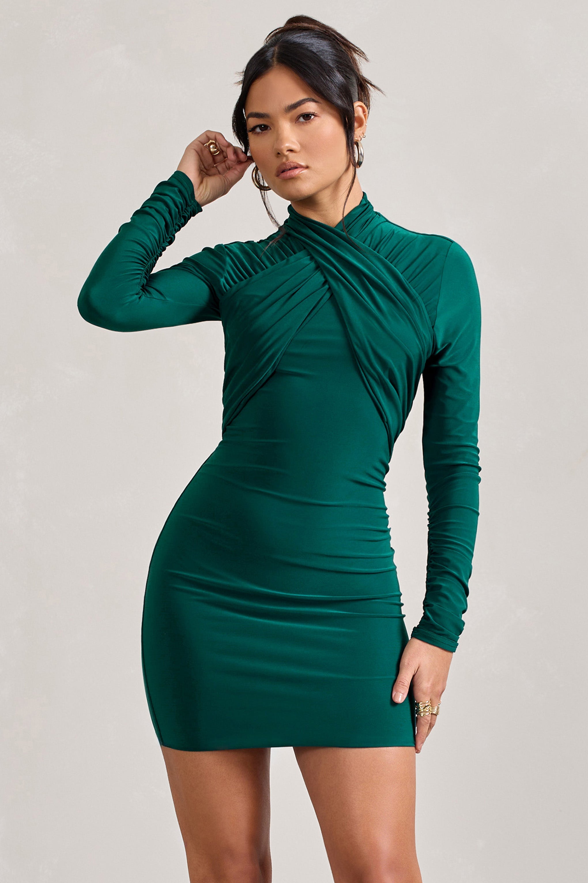Eve Bottle Green Crossed-Neck Long-Sleeved Bodycon Mini Dress-Fashionmomo.All Rights Reserved
