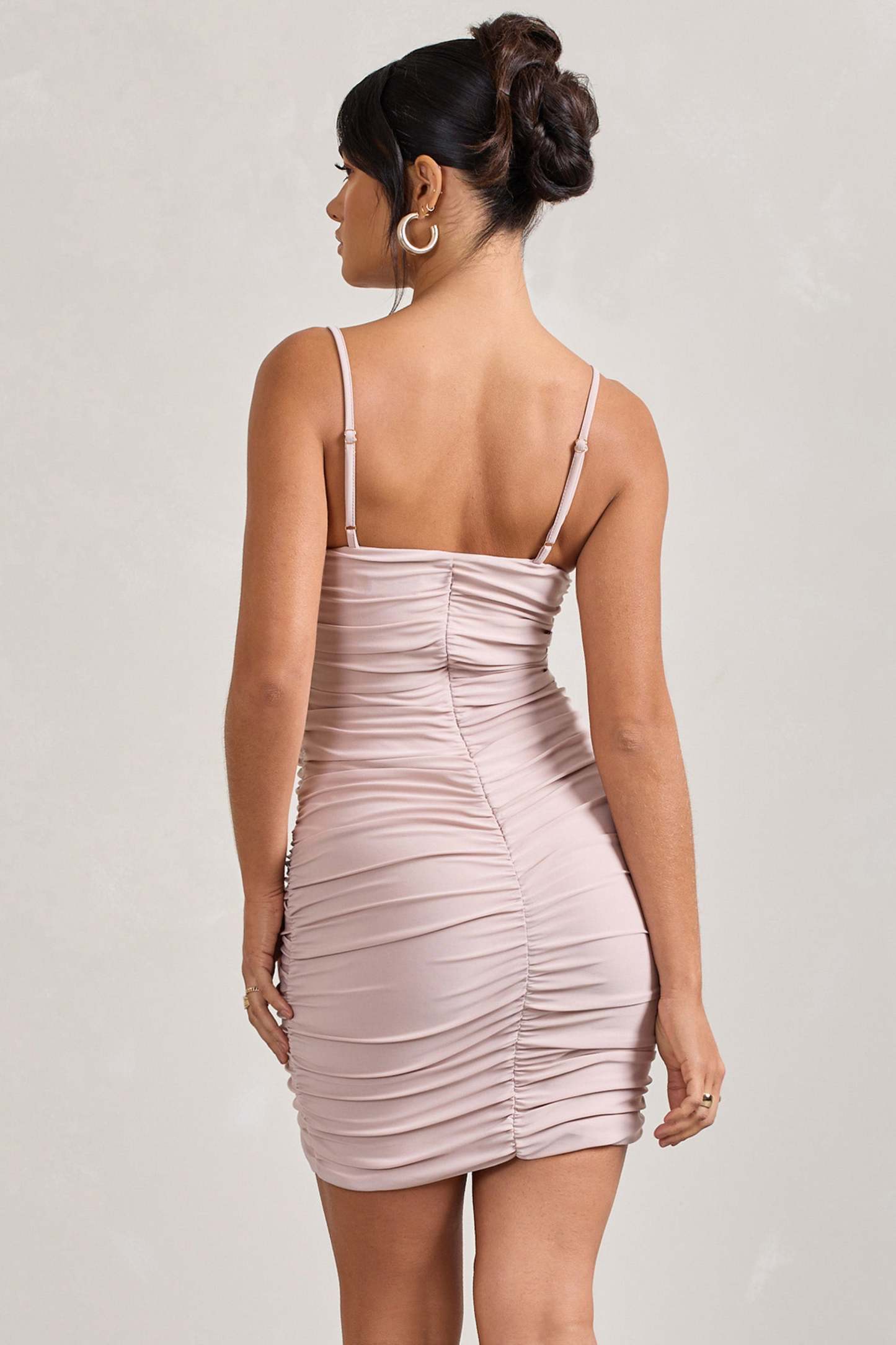 Brightest Champagne Ruched Strappy Asymmetric Bodycon Mini Dress-Fashionmomo.All Rights Reserved