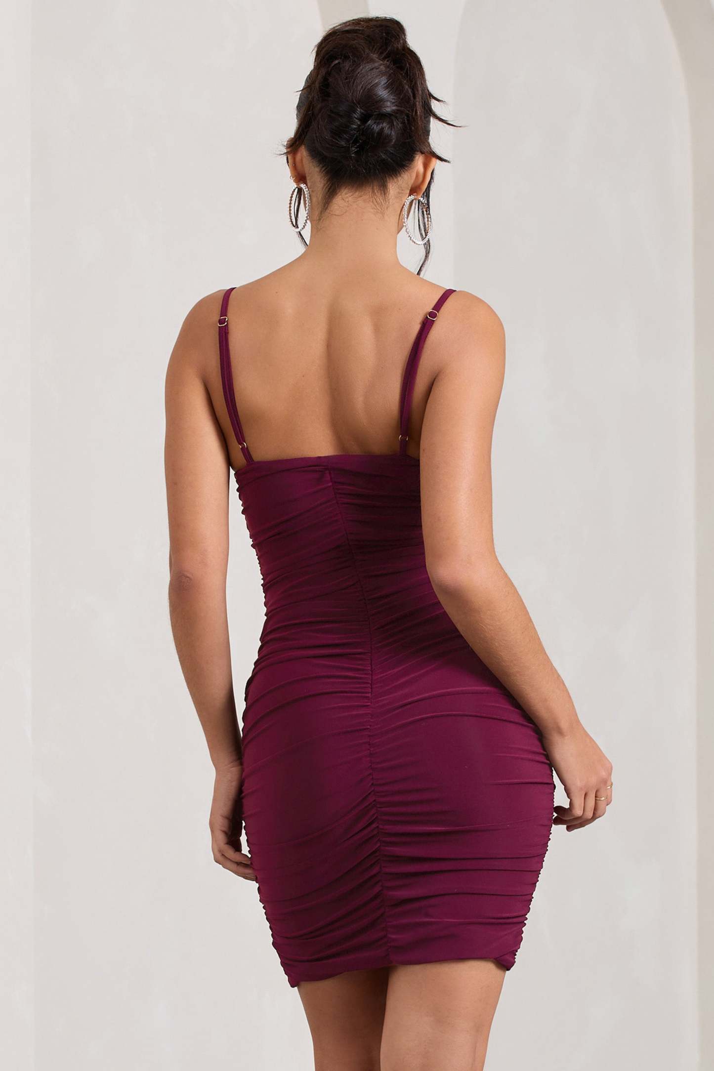 Brightest Burgundy Ruched Strappy Asymmetric Bodycon Mini Dress-Fashionmomo.All Rights Reserved