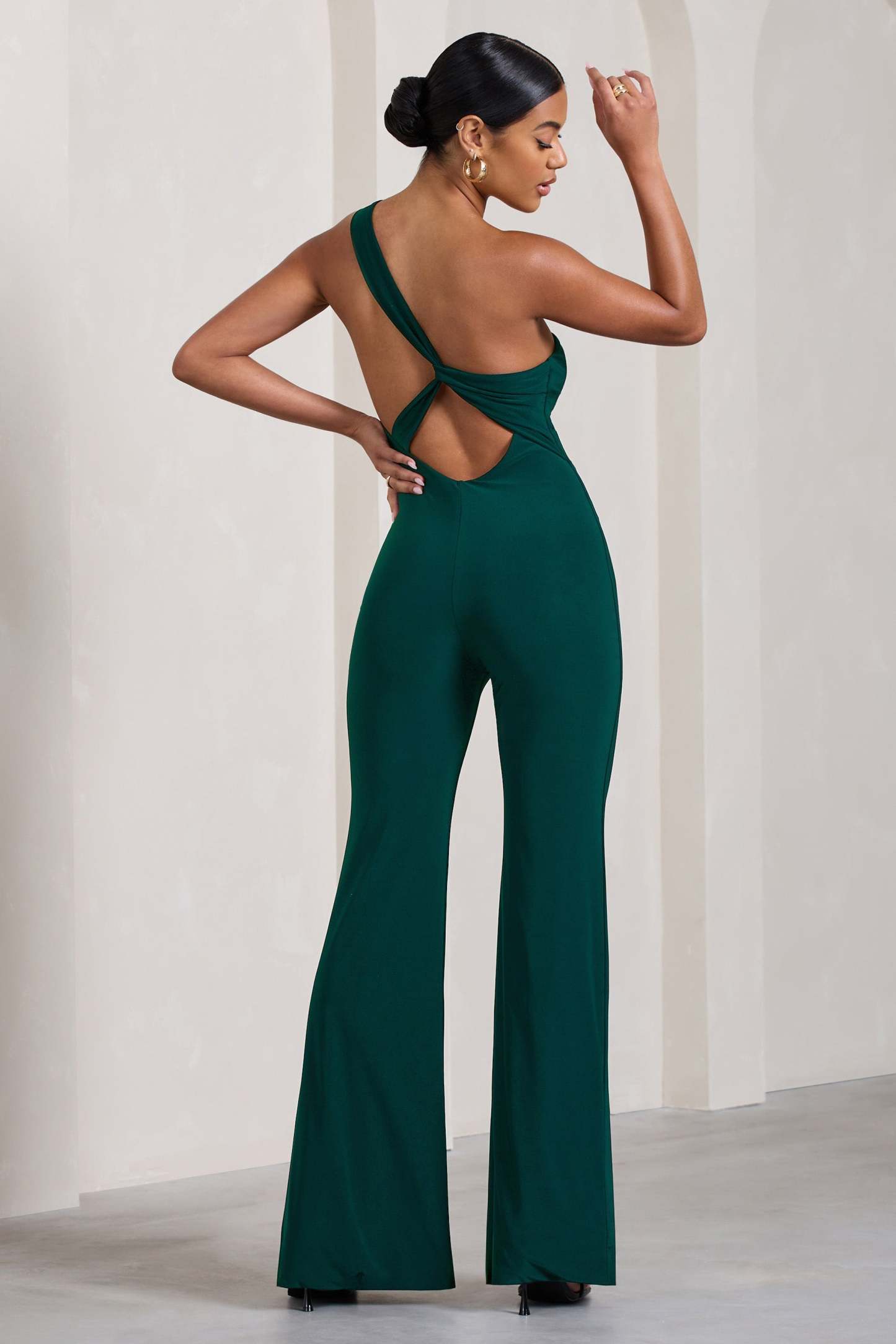 In The Dark Bottle Green Sleeveless Asymmetric Flared-Leg Jumpsuit-Fashionmomo.All Rights Reserved