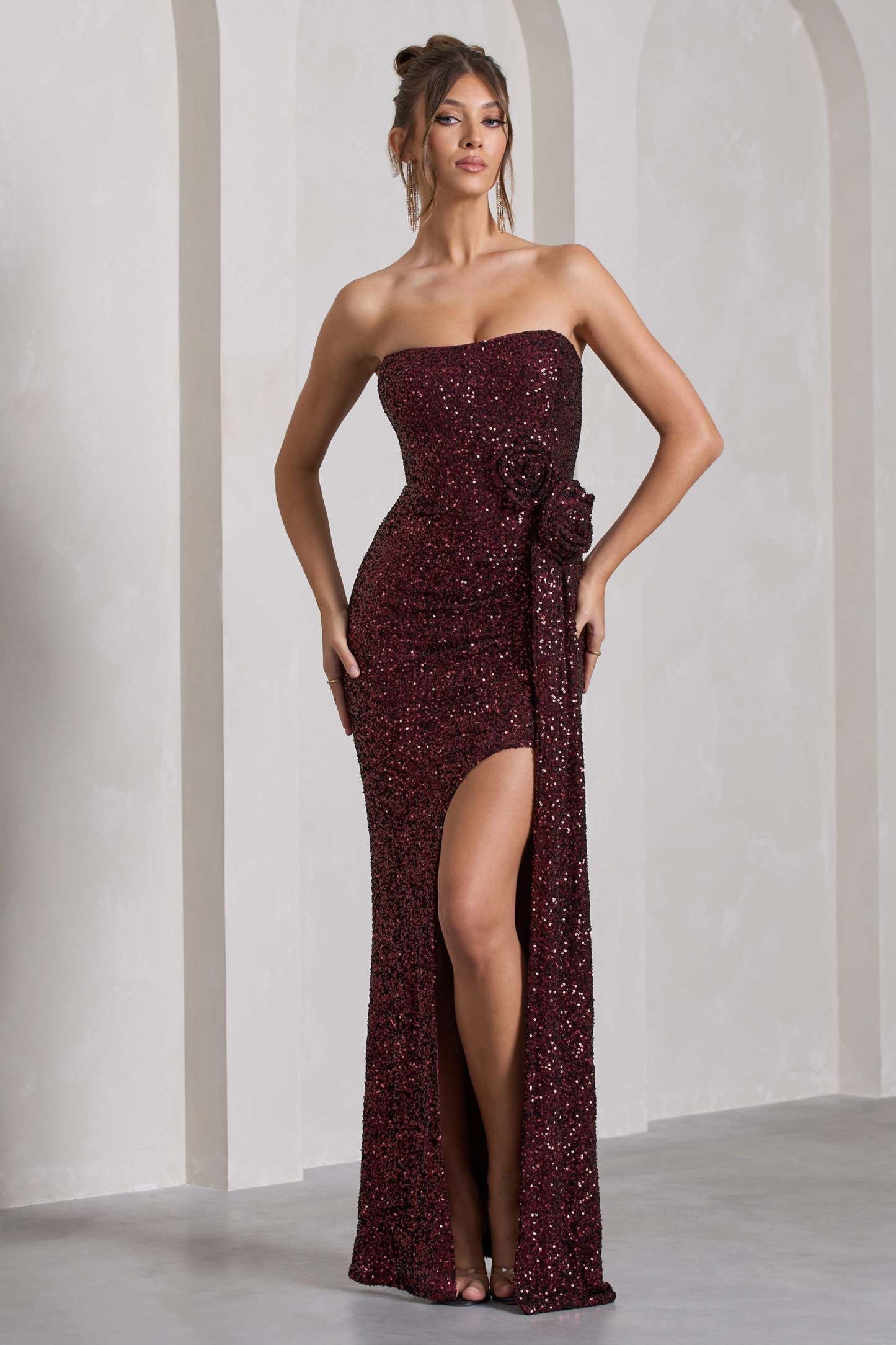 Alexandria Burgundy Sequin Corset Maxi Dress With Flowers-Fashionmomo.All Rights Reserved