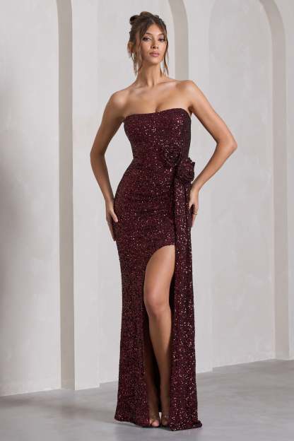 Alexandria Burgundy Sequin Corset Maxi Dress With Flowers-Fashionmomo.All Rights Reserved