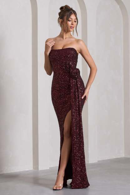Alexandria Burgundy Sequin Corset Maxi Dress With Flowers-Fashionmomo.All Rights Reserved