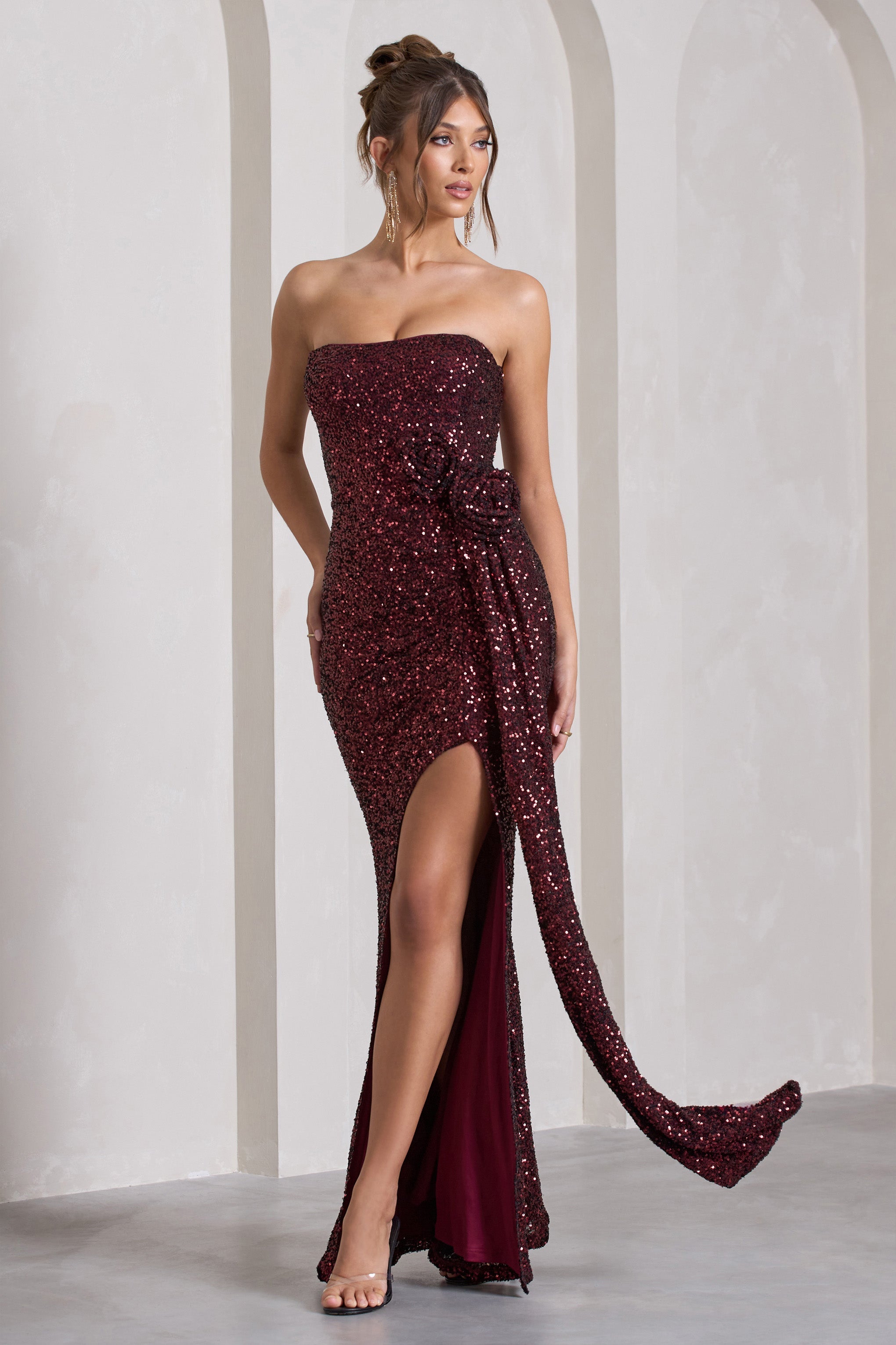 Alexandria Burgundy Sequin Corset Maxi Dress With Flowers-Fashionmomo.All Rights Reserved