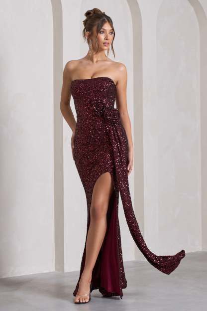 Alexandria Burgundy Sequin Corset Maxi Dress With Flowers-Fashionmomo.All Rights Reserved