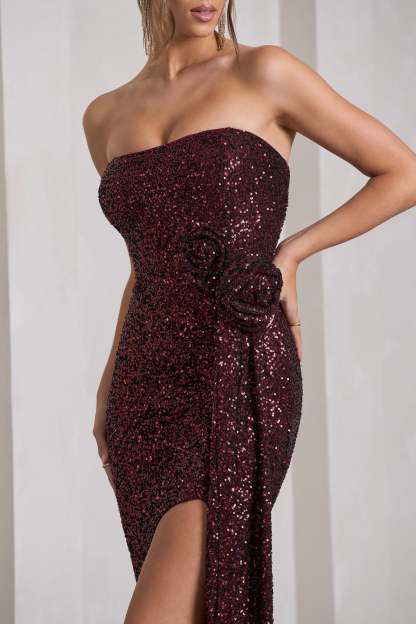 Alexandria Burgundy Sequin Corset Maxi Dress With Flowers-Fashionmomo.All Rights Reserved