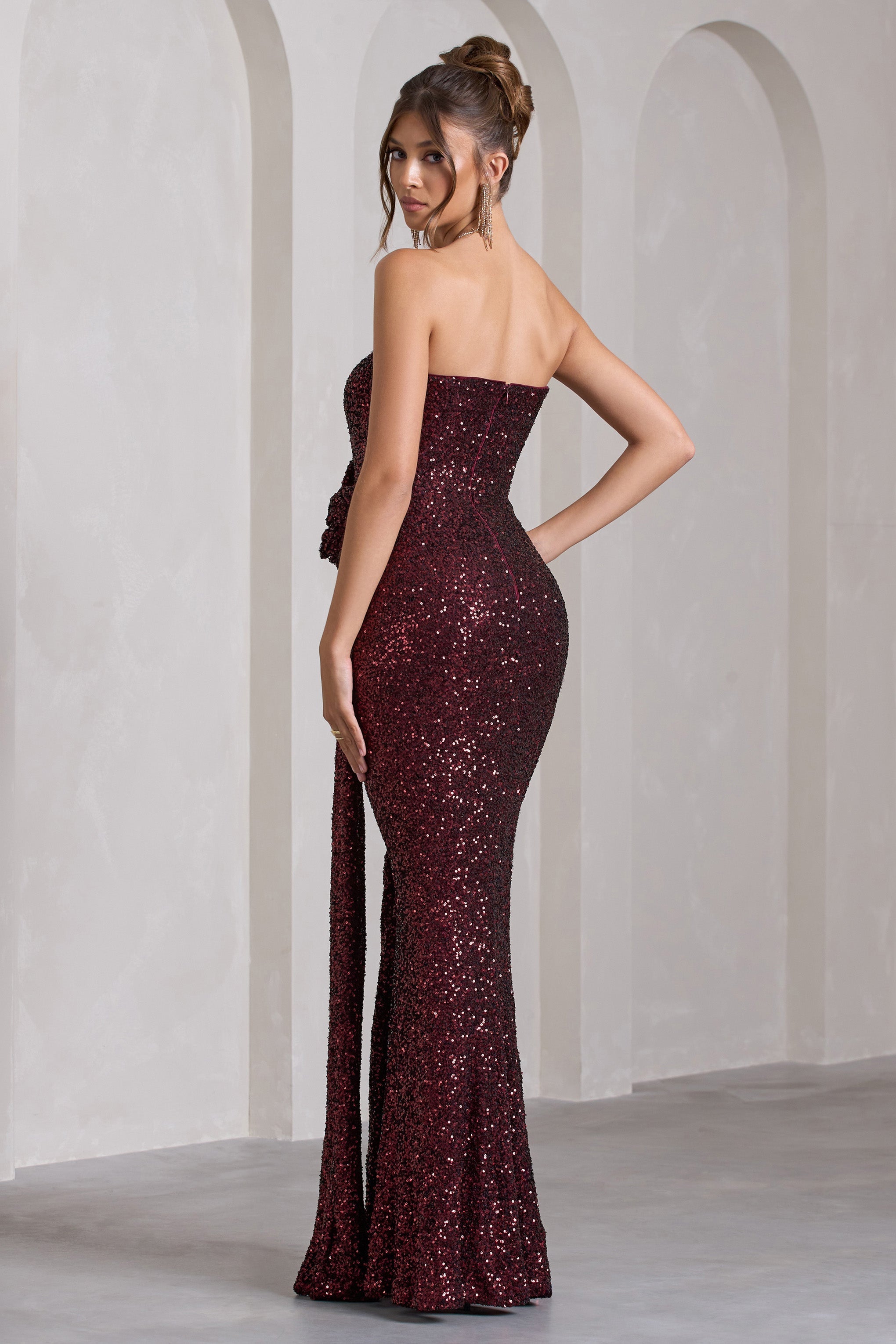 Alexandria Burgundy Sequin Corset Maxi Dress With Flowers-Fashionmomo.All Rights Reserved