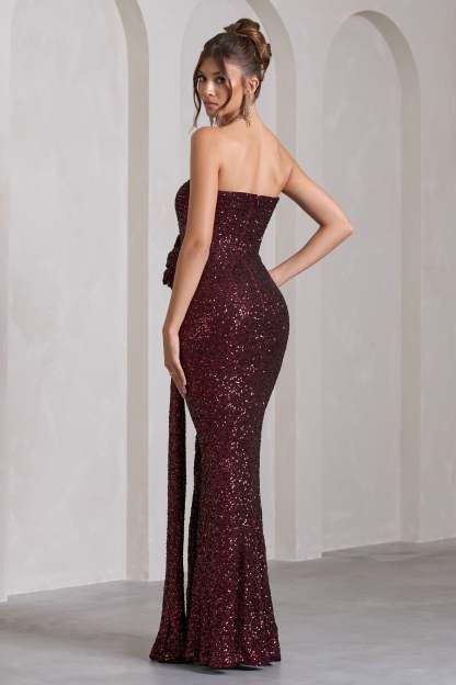 Alexandria Burgundy Sequin Corset Maxi Dress With Flowers-Fashionmomo.All Rights Reserved