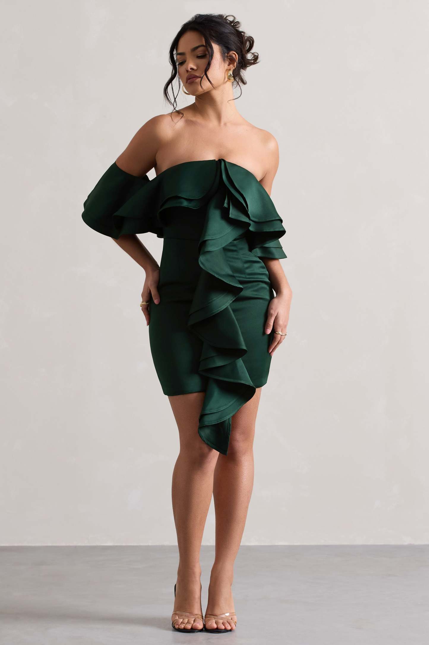 Aspen Bottle Green Bardot Mini Dress With Ruffles-Fashionmomo.All Rights Reserved