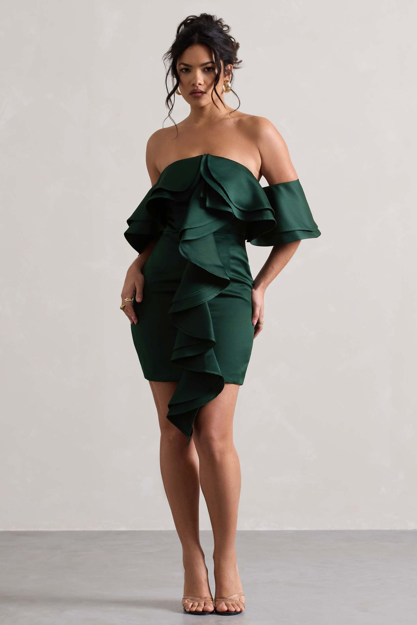 Aspen Bottle Green Bardot Mini Dress With Ruffles-Fashionmomo.All Rights Reserved
