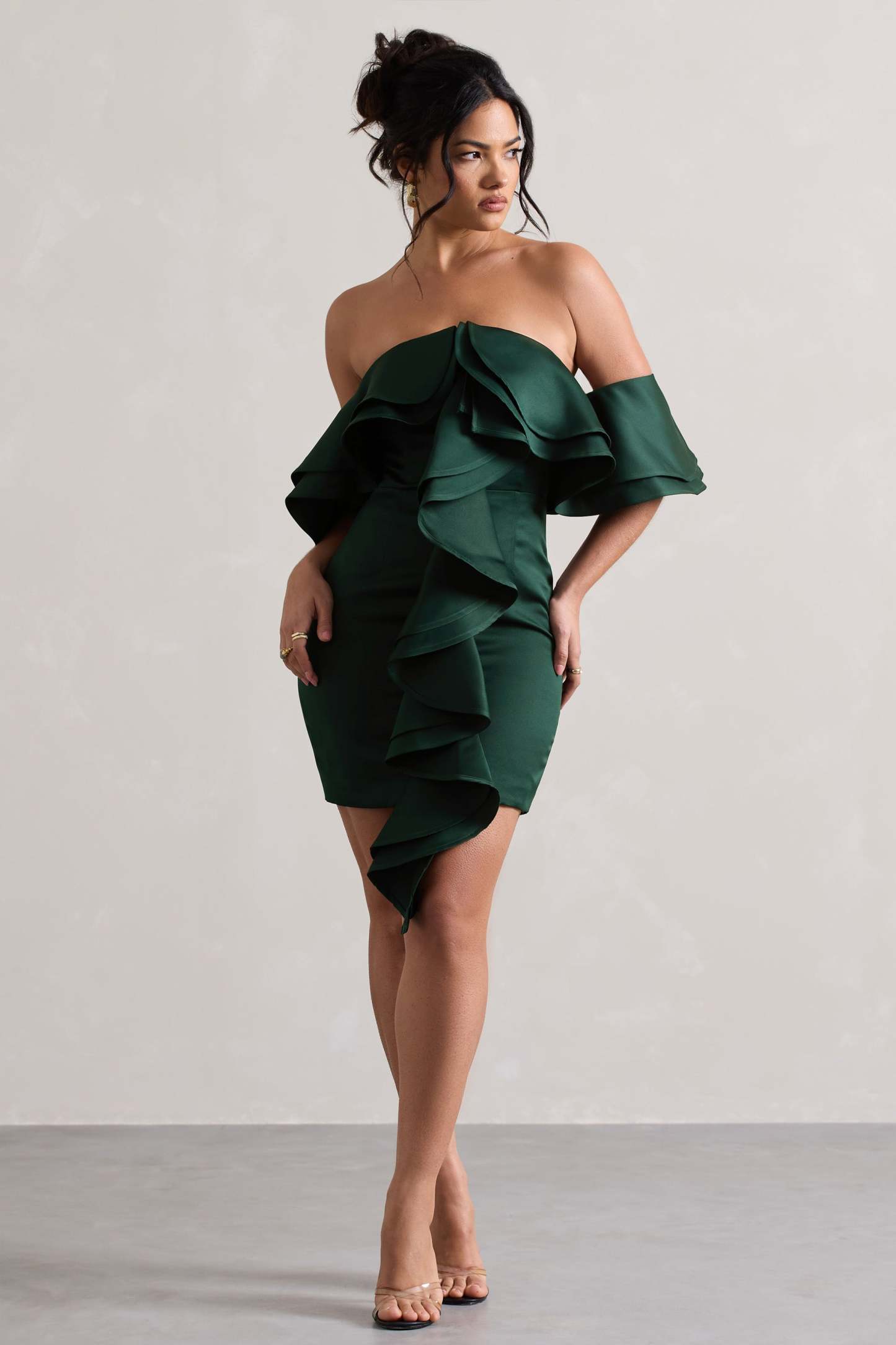 Aspen Bottle Green Bardot Mini Dress With Ruffles-Fashionmomo.All Rights Reserved