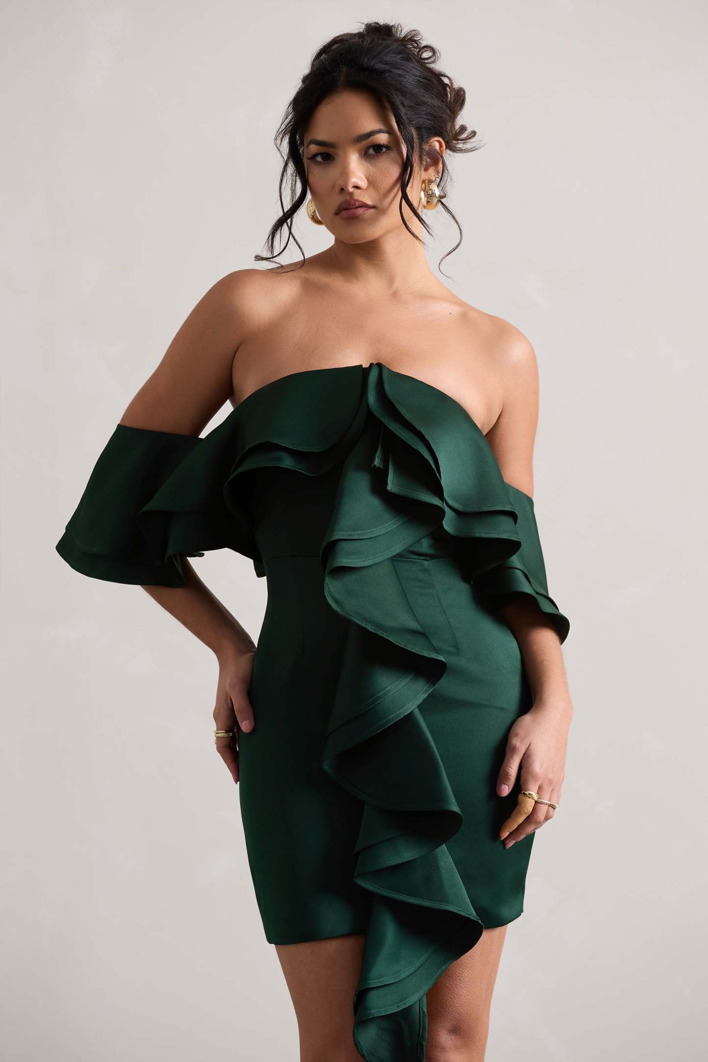 Aspen Bottle Green Bardot Mini Dress With Ruffles-Fashionmomo.All Rights Reserved