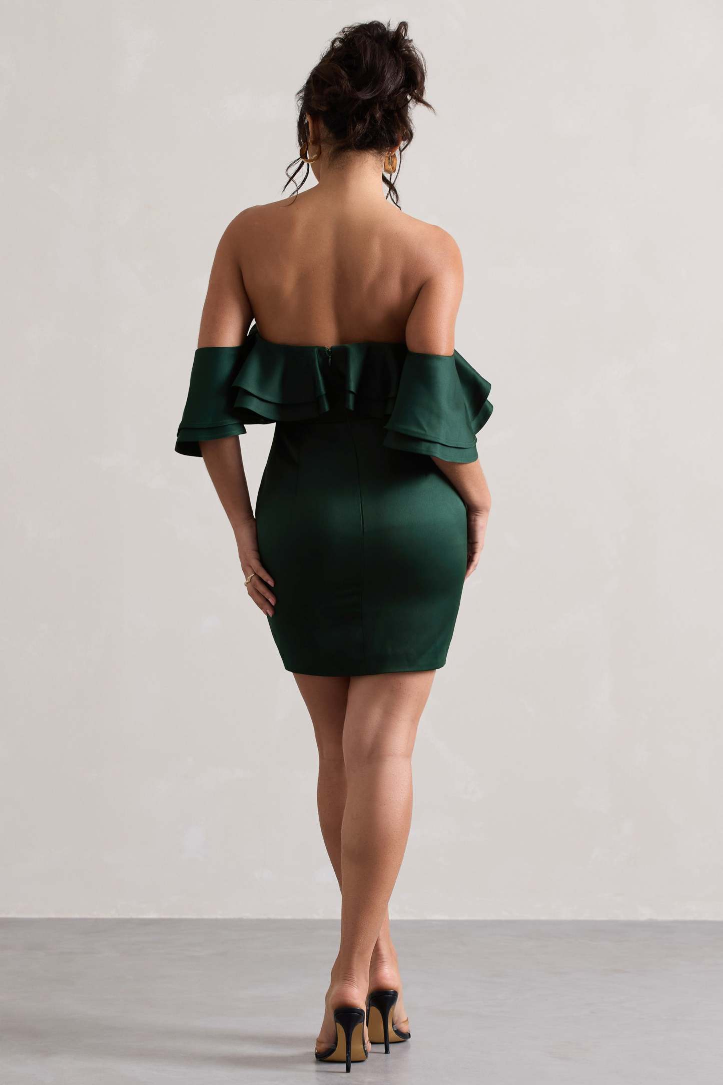 Aspen Bottle Green Bardot Mini Dress With Ruffles-Fashionmomo.All Rights Reserved