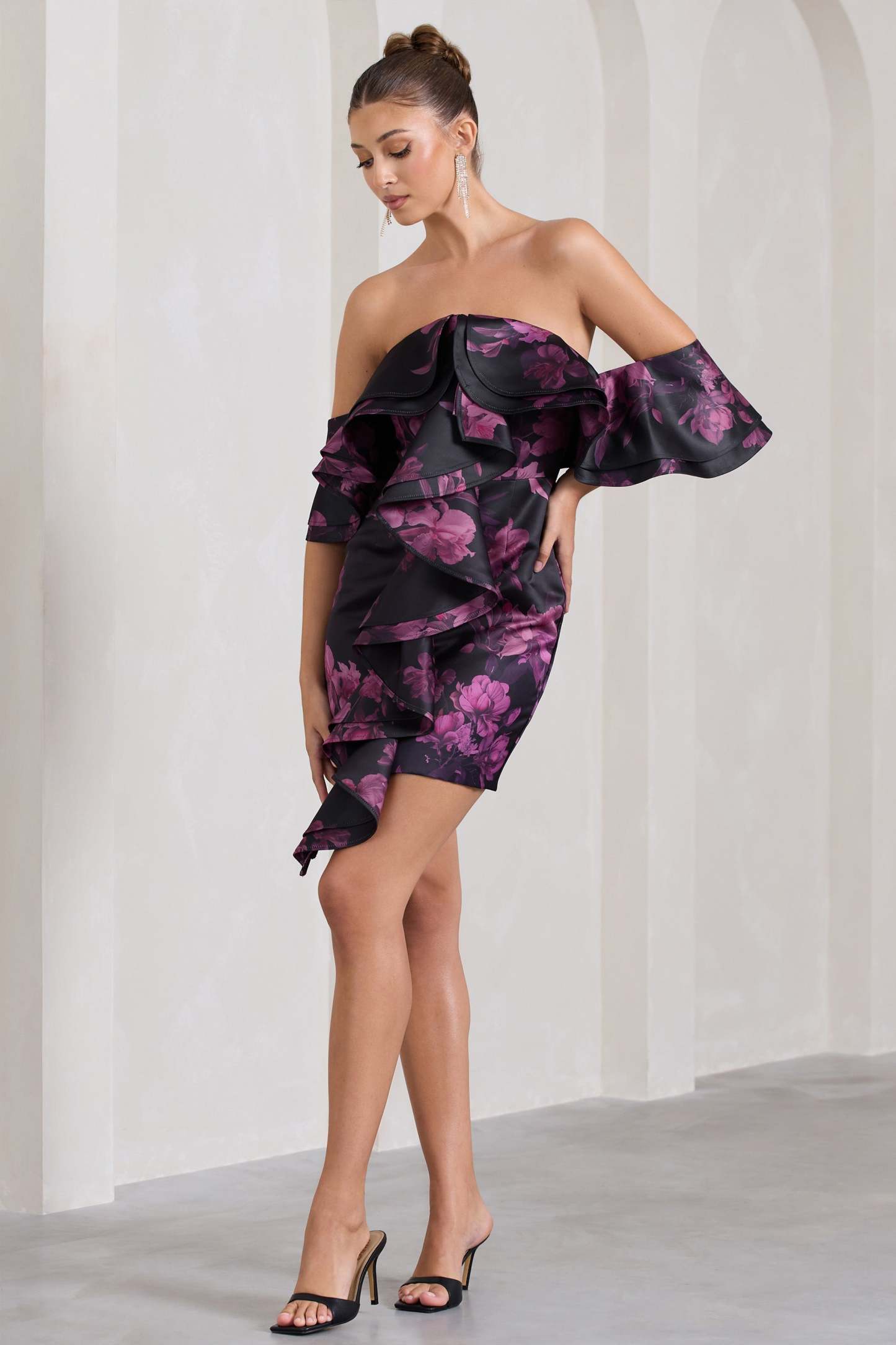 Aspen Black Floral Print Bardot Mini Dress With Ruffles-Fashionmomo.All Rights Reserved