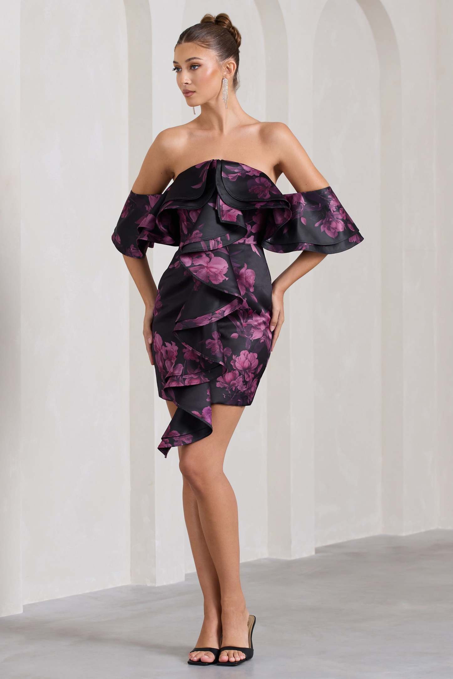 Aspen Black Floral Print Bardot Mini Dress With Ruffles-Fashionmomo.All Rights Reserved