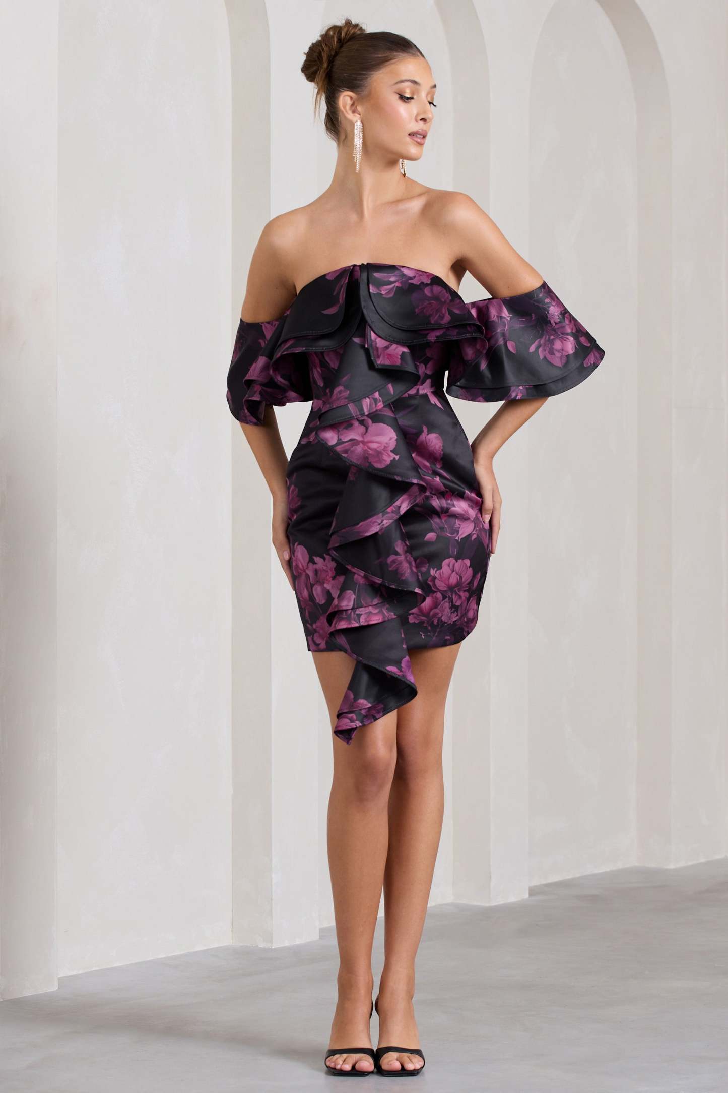 Aspen Black Floral Print Bardot Mini Dress With Ruffles-Fashionmomo.All Rights Reserved