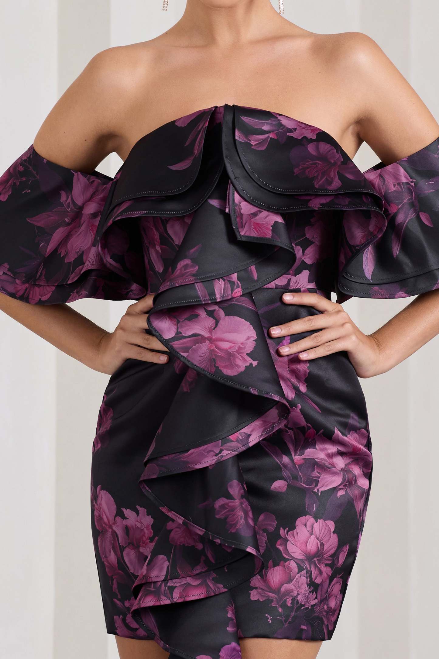 Aspen Black Floral Print Bardot Mini Dress With Ruffles-Fashionmomo.All Rights Reserved