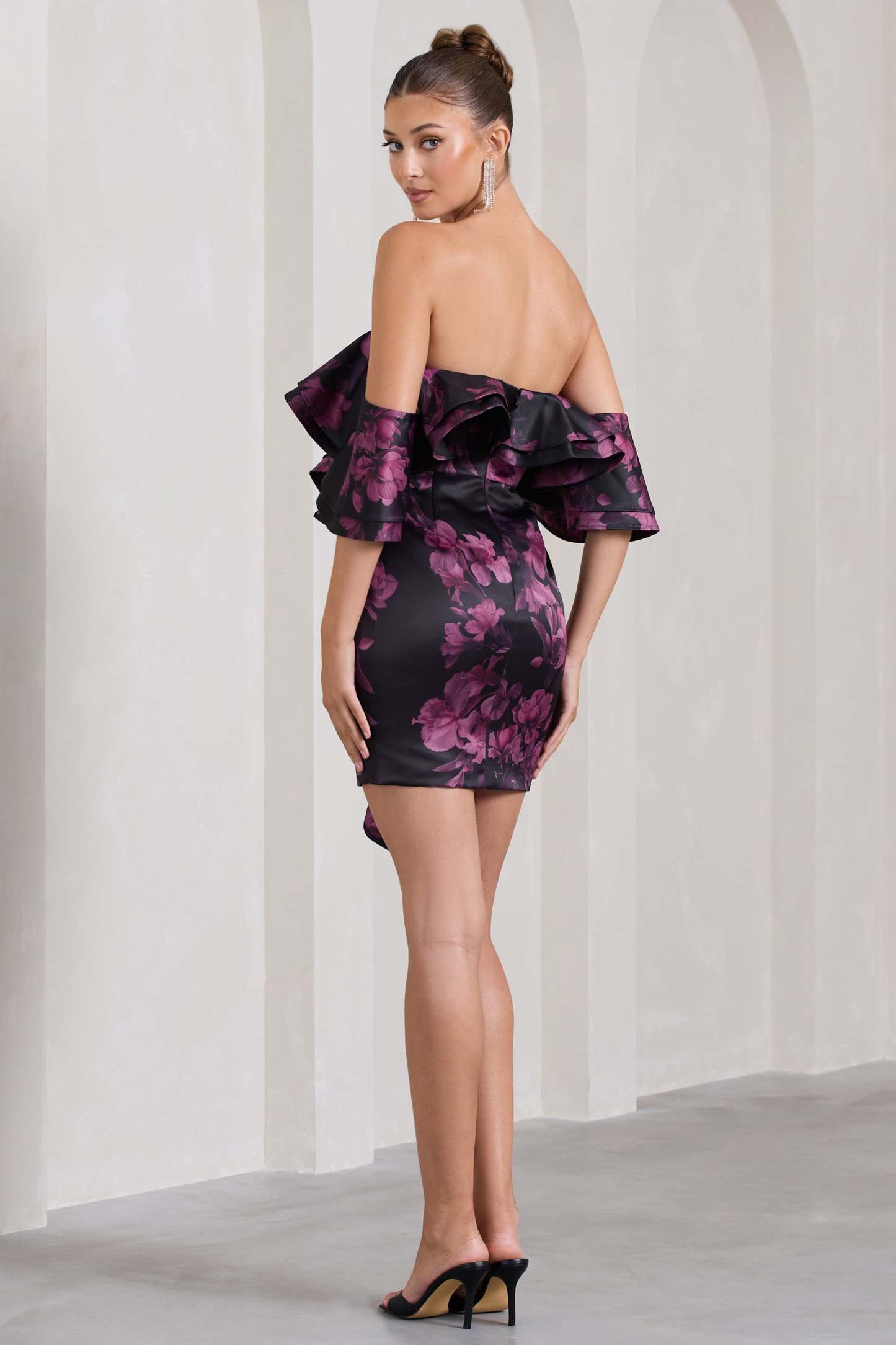 Aspen Black Floral Print Bardot Mini Dress With Ruffles-Fashionmomo.All Rights Reserved