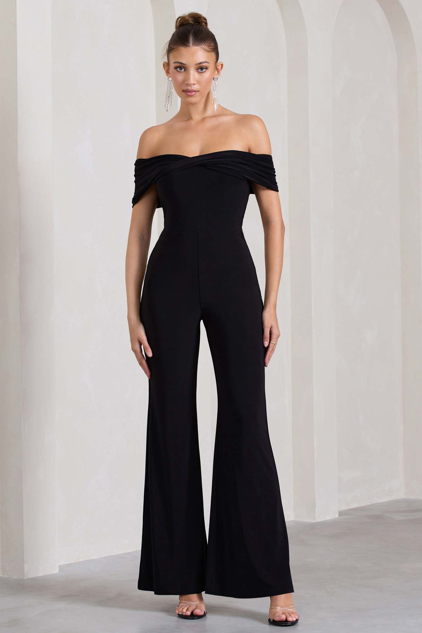 Gemma Black Bardot Open-Back Flared-Leg Jumpsuit-Fashionmomo.All Rights Reserved