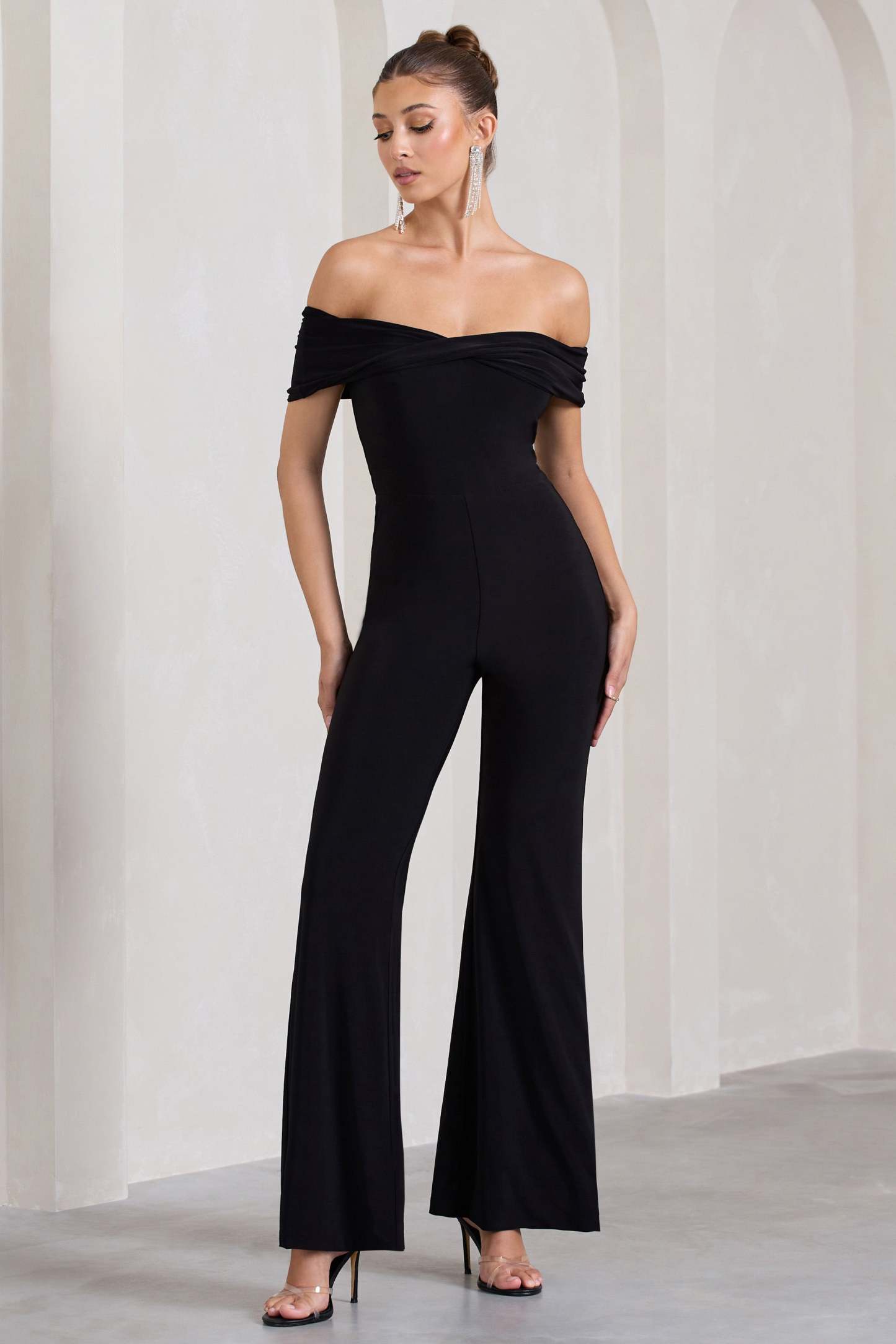 Gemma Black Bardot Open-Back Flared-Leg Jumpsuit-Fashionmomo.All Rights Reserved