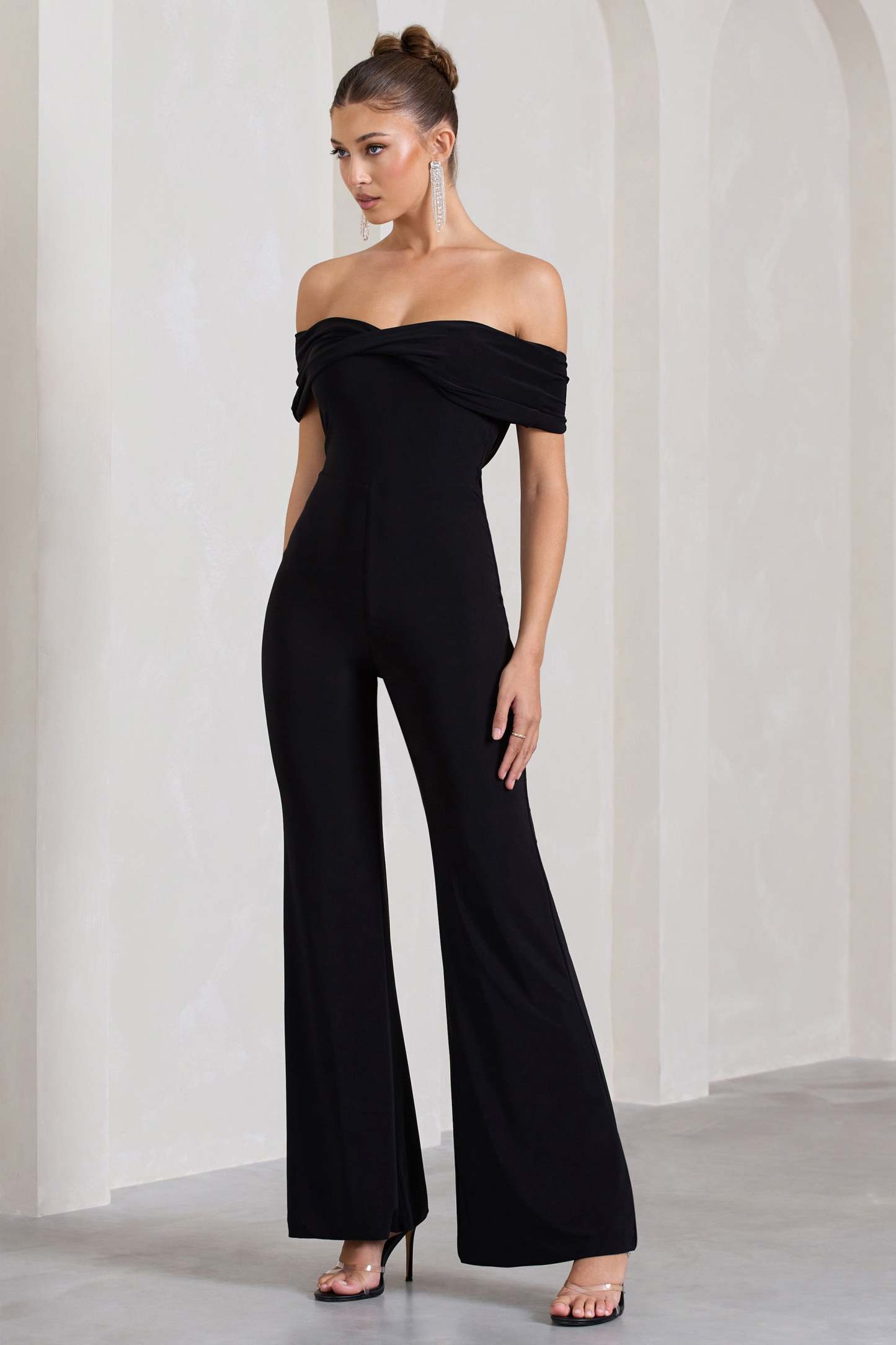 Gemma Black Bardot Open-Back Flared-Leg Jumpsuit-Fashionmomo.All Rights Reserved