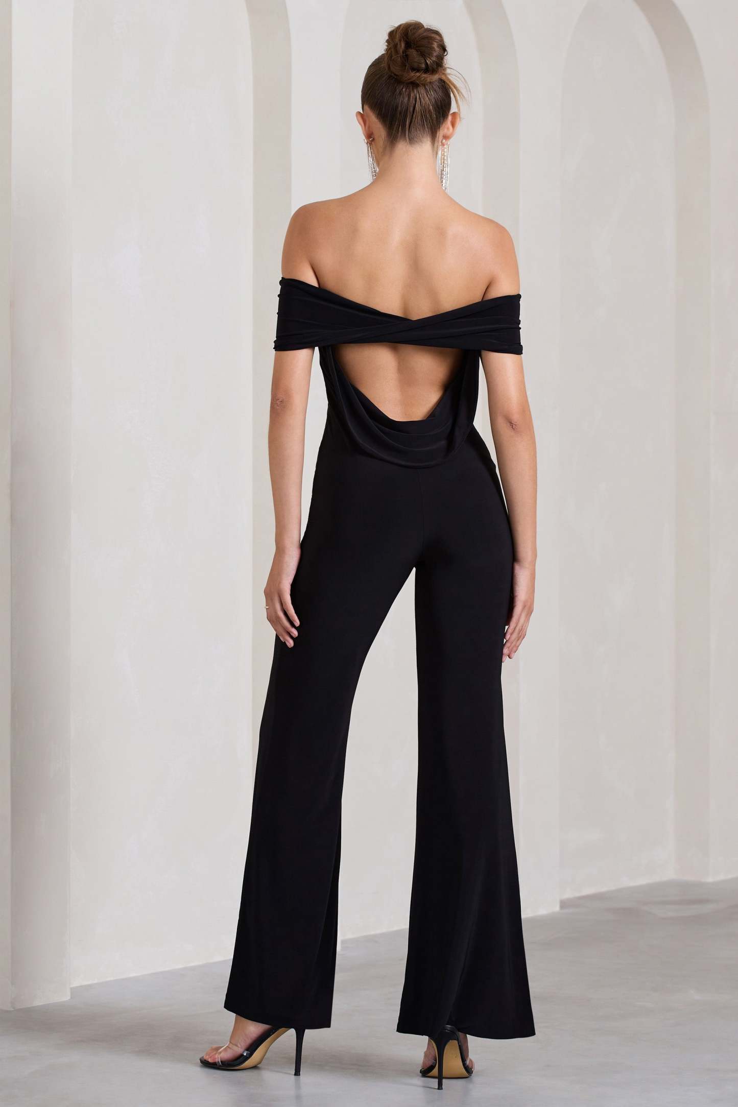 Gemma Black Bardot Open-Back Flared-Leg Jumpsuit-Fashionmomo.All Rights Reserved