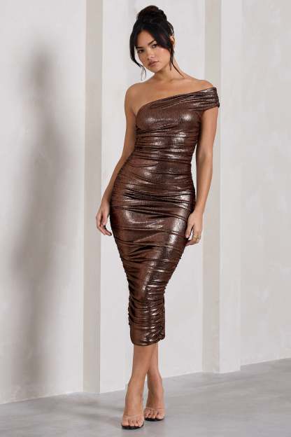 Alma Bronze Asymmetric Ruched Bodycon Midi Dress-Fashionmomo.All Rights Reserved