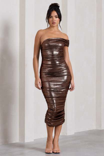 Alma Bronze Asymmetric Ruched Bodycon Midi Dress-Fashionmomo.All Rights Reserved