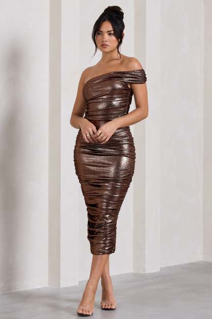 Alma Bronze Asymmetric Ruched Bodycon Midi Dress-Fashionmomo.All Rights Reserved
