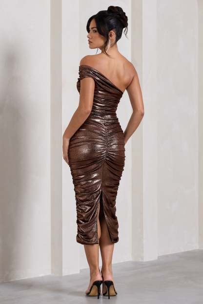 Alma Bronze Asymmetric Ruched Bodycon Midi Dress-Fashionmomo.All Rights Reserved