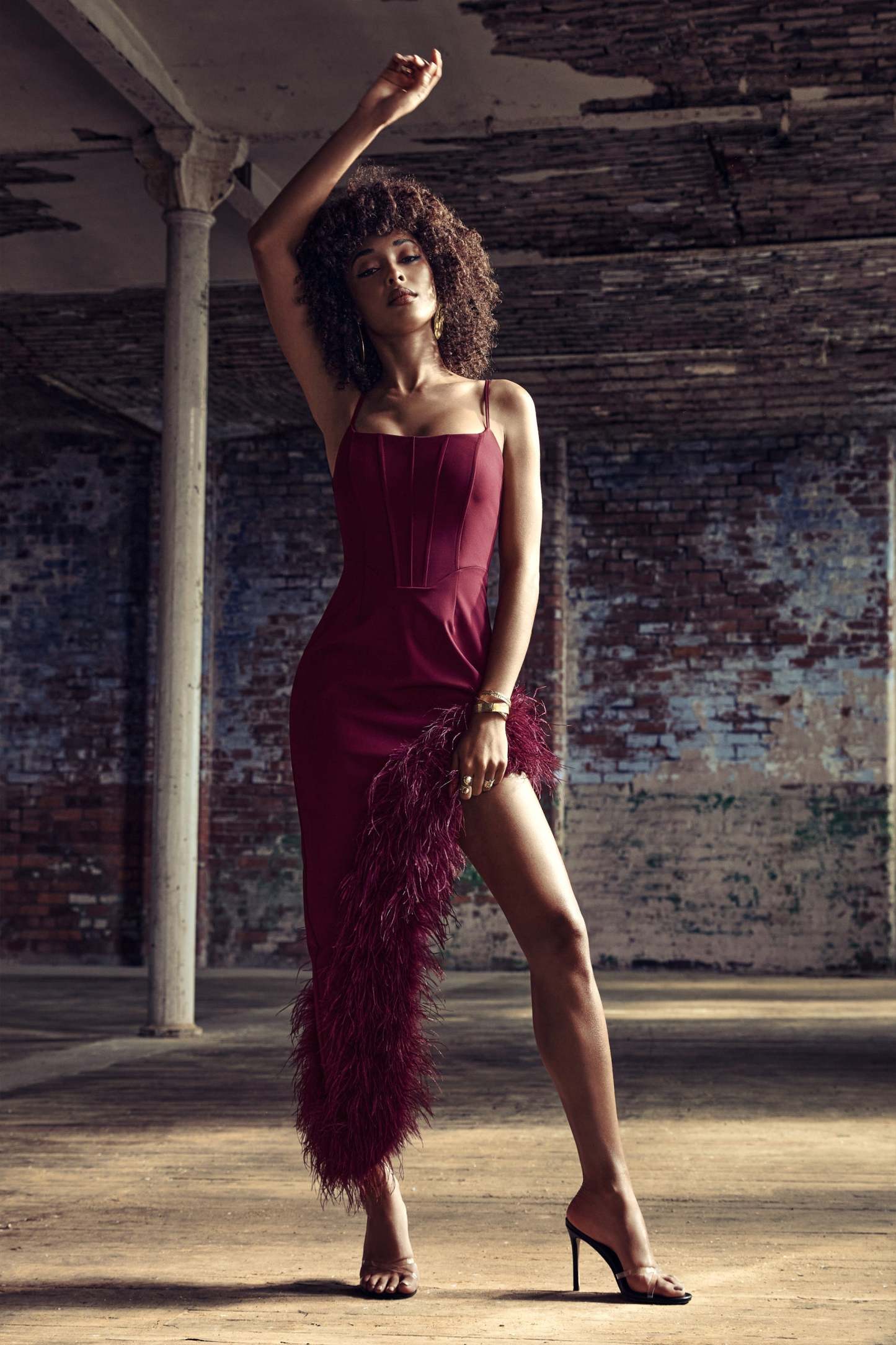 High Status Burgundy Strappy Corset Asymmetric Maxi Dress With Feather Trim-Fashionmomo.All Rights Reserved