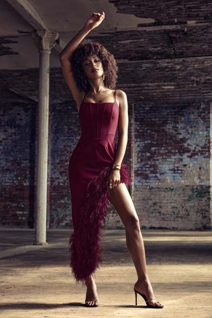 High Status Burgundy Strappy Corset Asymmetric Maxi Dress With Feather Trim-Fashionmomo.All Rights Reserved